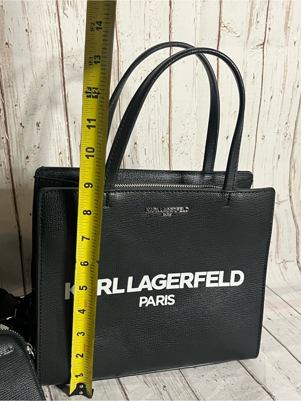 KARL LAGERFELD PARIS Black Pebbled Logo Tote Bag Zip Top Purse - Picture 6 of 14